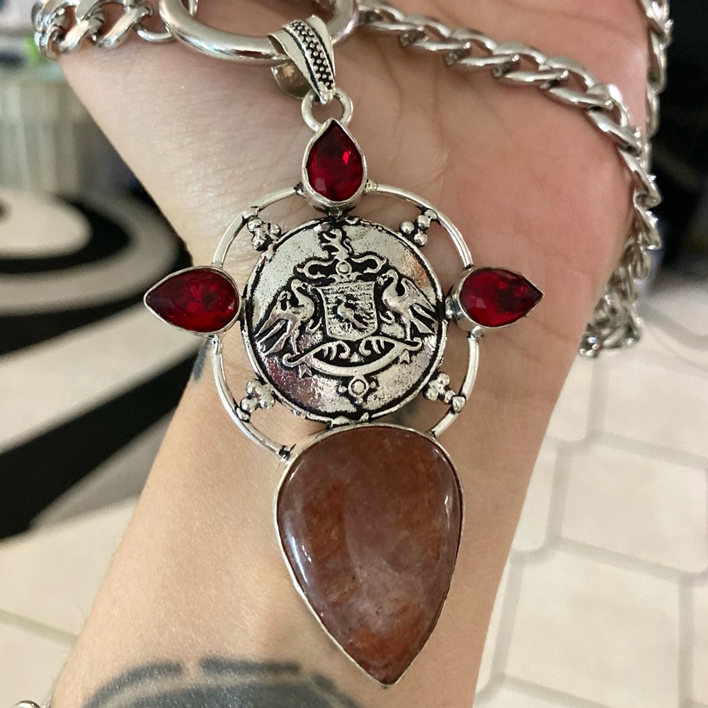 925 Sterling silver overlay orange brown agate & red garnet stones boho necklace - Picture 12 of 15